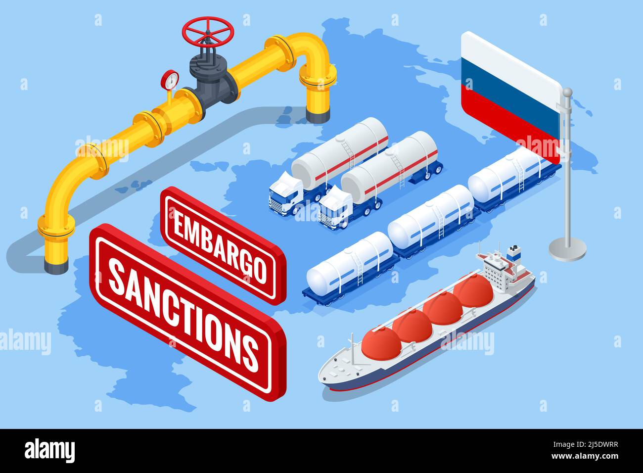 Sanctions, embargo sur le gaz et le pétrole russes. Russie agresseur, guerre. Transport, livraison, transport de gaz naturel Illustration de Vecteur