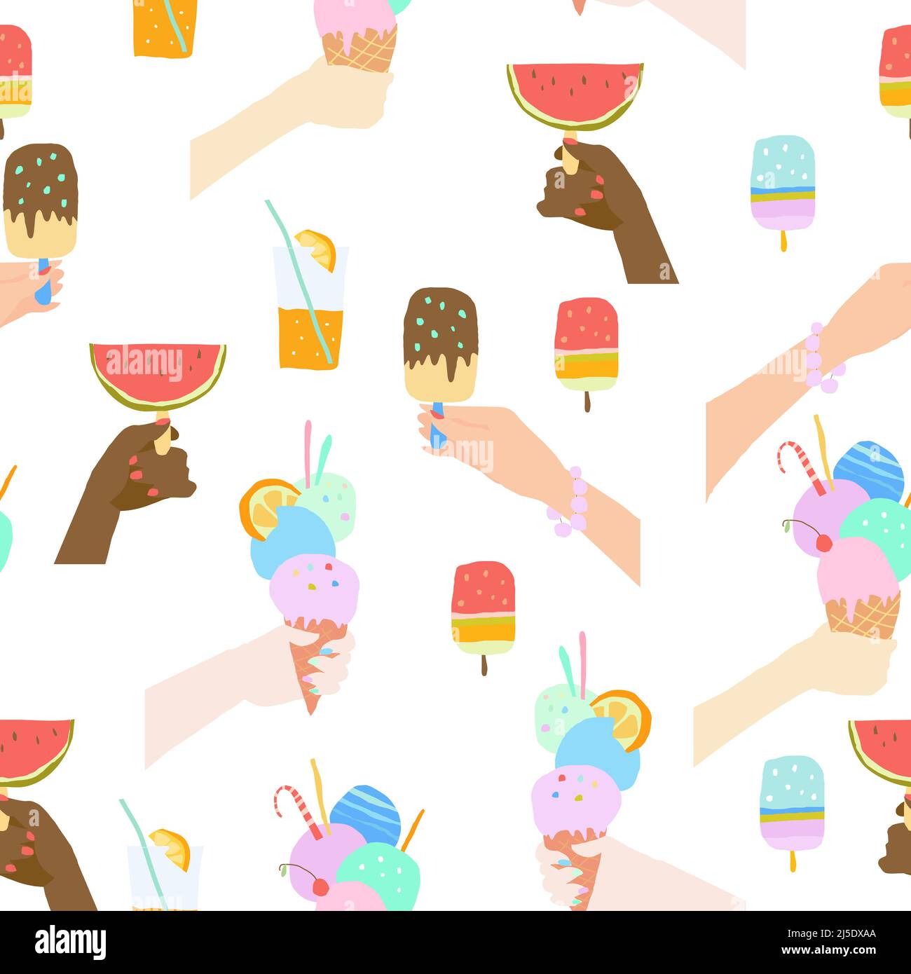 Motif sans couture avec mains tenant la crème glacée sur fond blanc Illustration de Vecteur