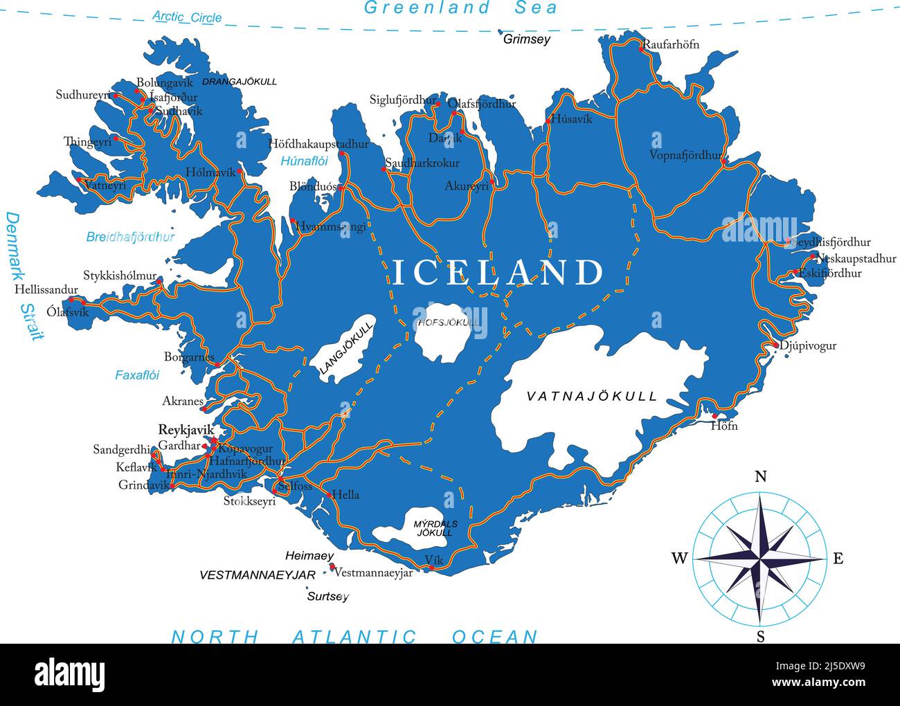 Carte vectorielle très détaillée de l'Islande avec régions administratives, principales villes et routes. Illustration de Vecteur
