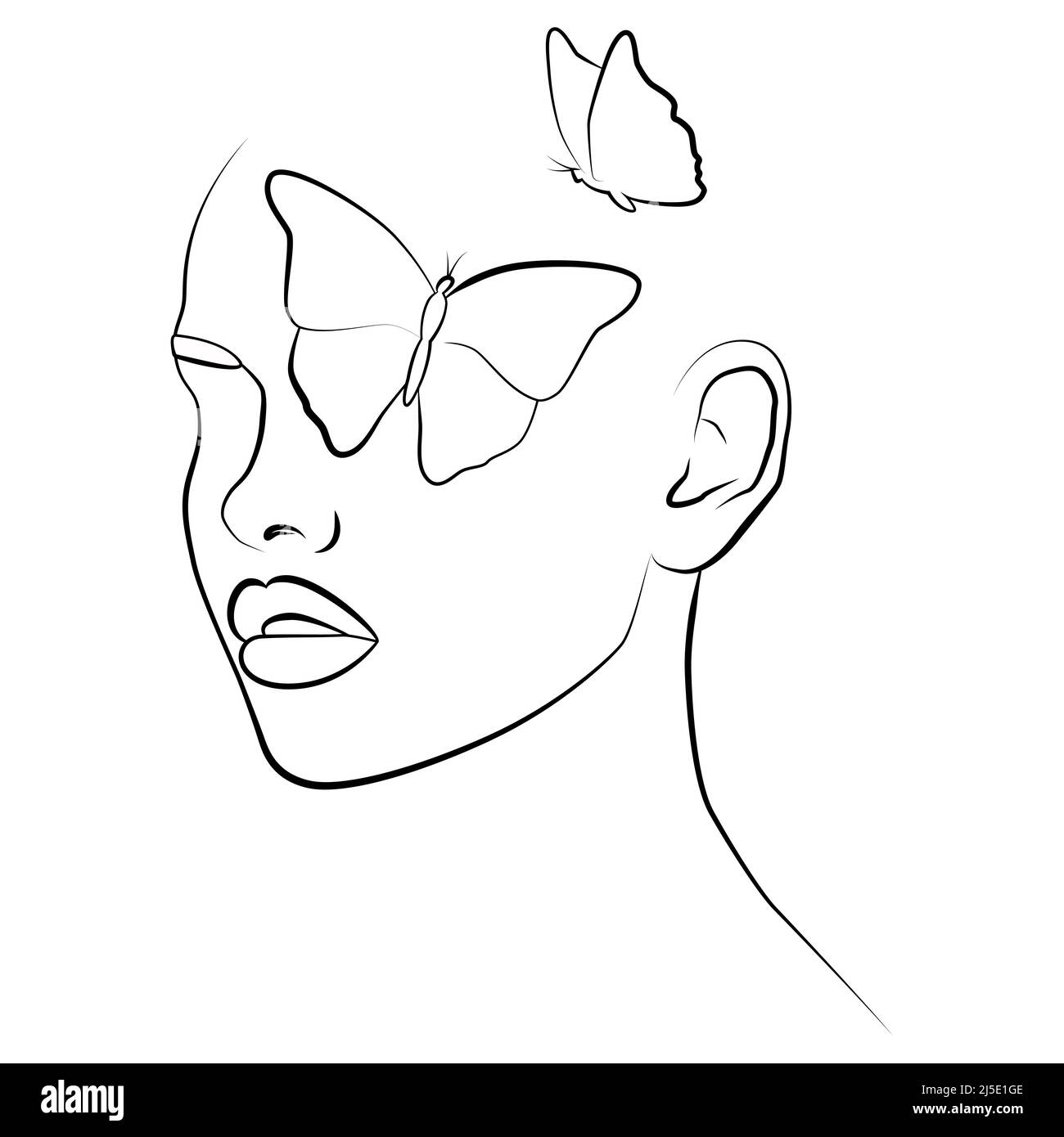 Un visage avec un papillon. Ligne de visage continue, peinture de visage, concept de mode, beauté féminine minimaliste. Magnifique illustration vectorielle. Une pinou moderne Illustration de Vecteur