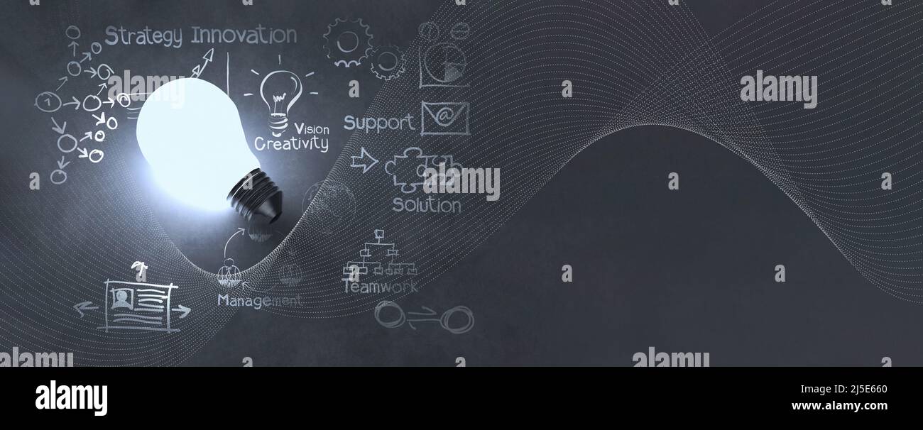 light bulbe 3d grandir sur l'innovation doodle dessiner des icônes de la stratégie d'affaires sur fond de bannière. Banque D'Images
