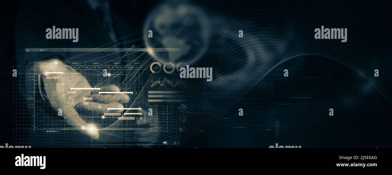 Homme d'affaires responsable de projet travaillant et mettant à jour des tâches avec des jalons planification de la progression et diagramme de Gantt. Banque D'Images