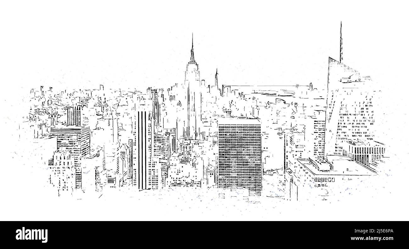 Horizon de New York avec gratte-ciel, dessin au crayon Banque D'Images