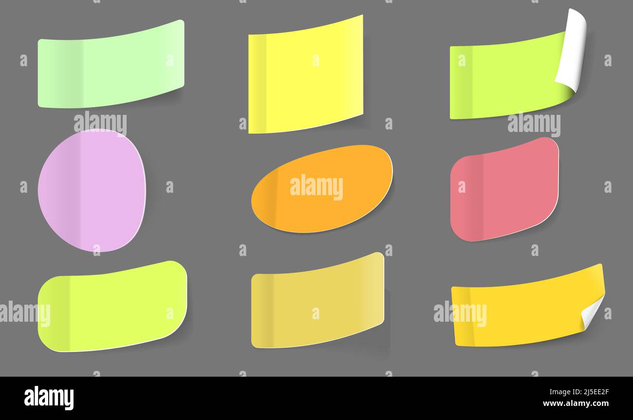 Illustration vectorielle. Un ensemble d'autocollants de différentes formes avec des coins incurvés. Rond, ovale, carré, rectangulaire. Illustration de Vecteur