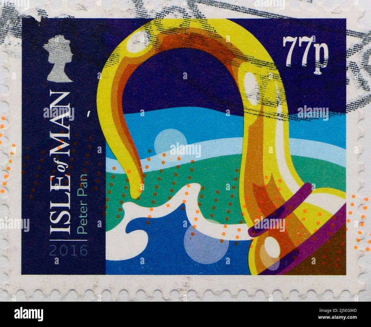 Photo d'un timbre-poste de l'île de Man avec une illustration du crochet du capitaine de Peter Pan 2016 Banque D'Images