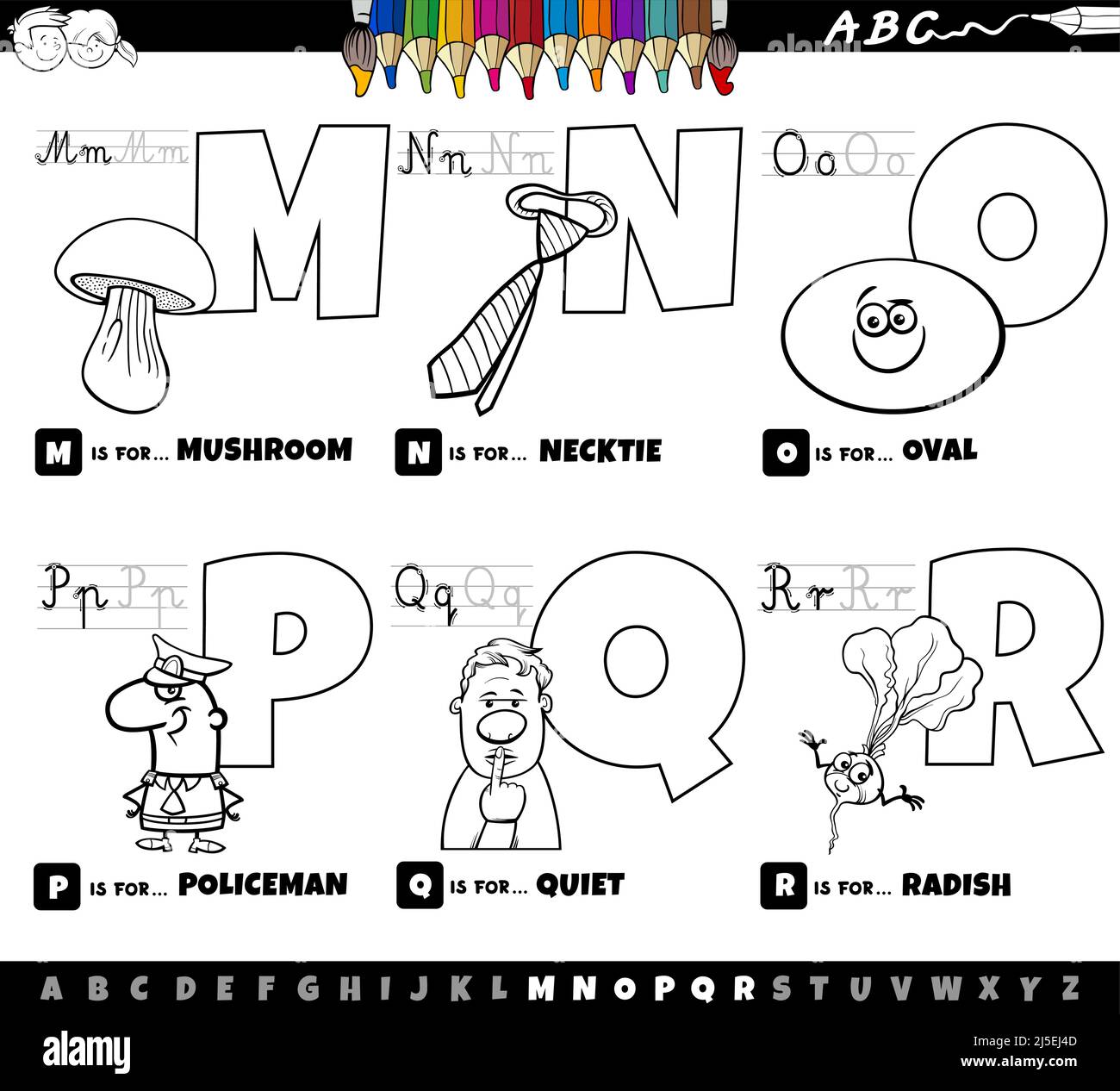 Dessin animé noir et blanc représentant des lettres majuscules de l'alphabet kit éducatif pour la pratique de la lecture et de l'écriture pour les enfants de Couleur M à R Illustration de Vecteur