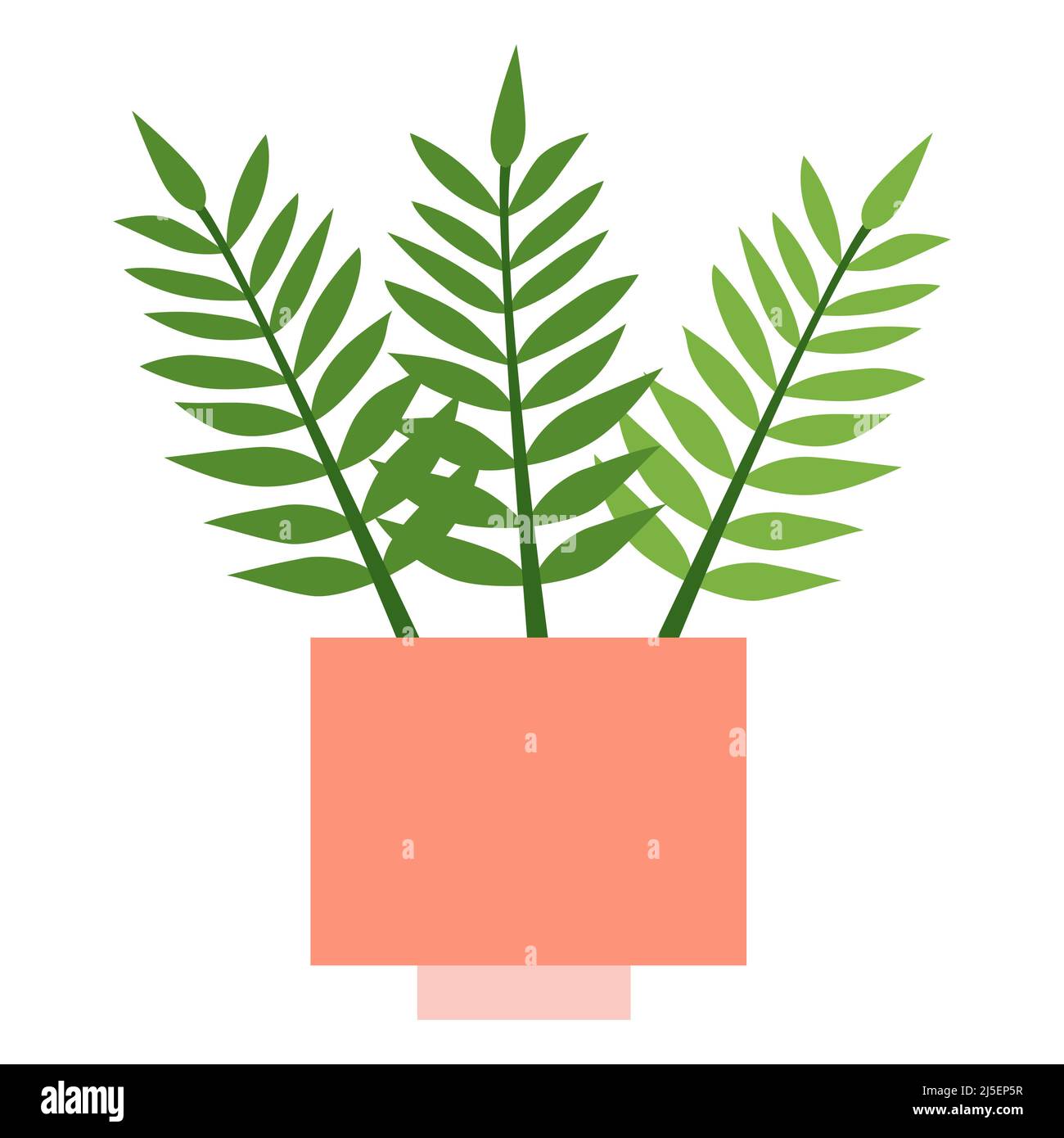 Fougère avec trois feuilles dans un pot de fleurs carrées roses. La composition est isolée sur fond blanc. Convient pour le scrapbooking, textile, housse pour ordinateur portable, vaisselle, mugs, web. Logo, étiquette. Illustration vectorielle Illustration de Vecteur