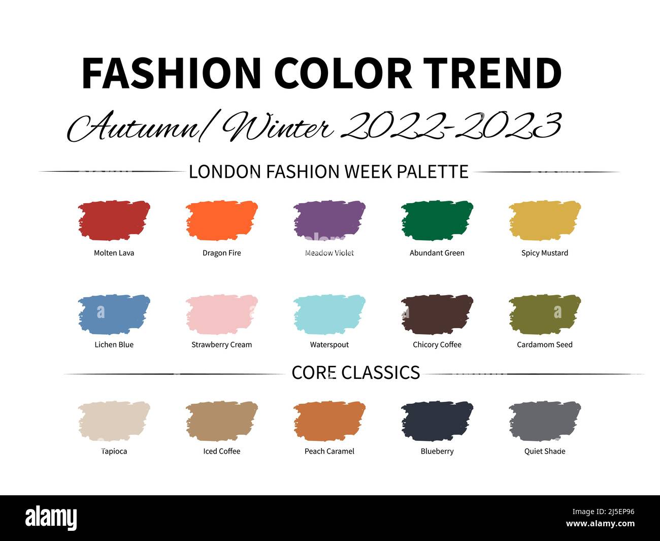 Mode couleur tendance automne - hiver 2022 - 2023. Guide de palette de couleurs tendance. Nuances de tissu avec noms de couleur. Modèle vectoriel facile à modifier pour votre Illustration de Vecteur