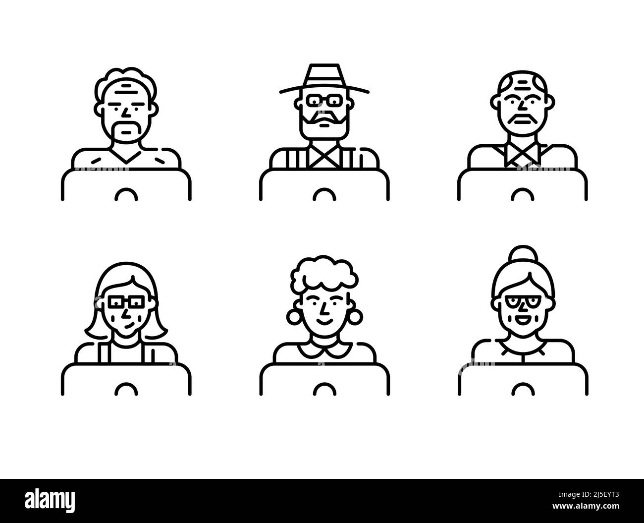 Personnes âgées utilisant un ordinateur portable. Travailler, discuter, apprendre. Ensemble d'icônes de contour pixel Perfect et modifiables Illustration de Vecteur