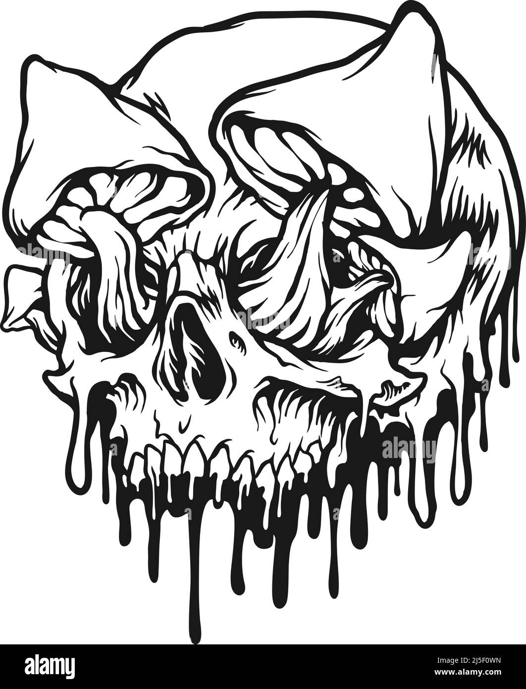 Des champignons crâne effrayants ont fondu des illustrations vectorielles monochromes colorées pour votre logo de travail, t-shirt de marchandise, autocollants et dessins d'étiquettes, affiche Illustration de Vecteur