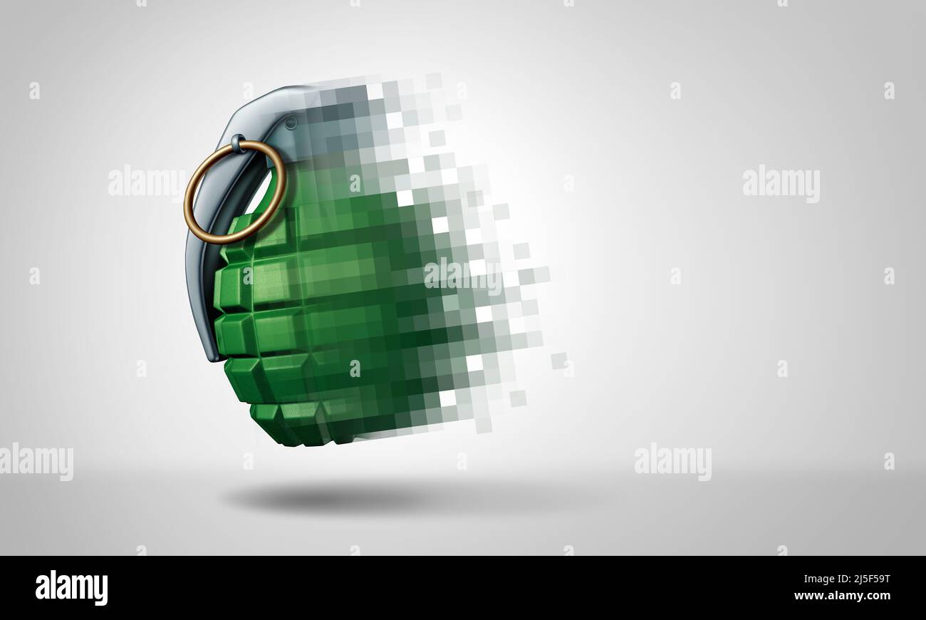 Guerre numérique et guerre informatique comme un appareil explosif de grenade à main qui est pixélisé représentant le piratage de cyber-attaque et d'Internet. Banque D'Images