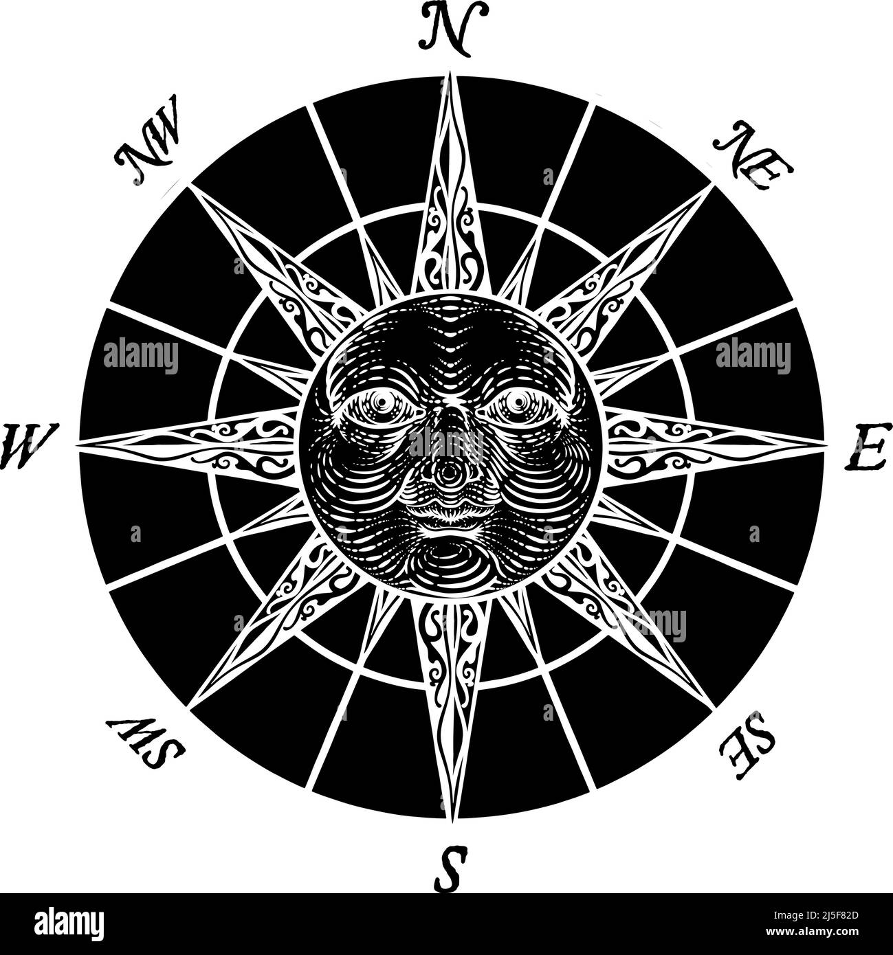 Compass Sun face gravure Rose Woodcut dessin Illustration de Vecteur