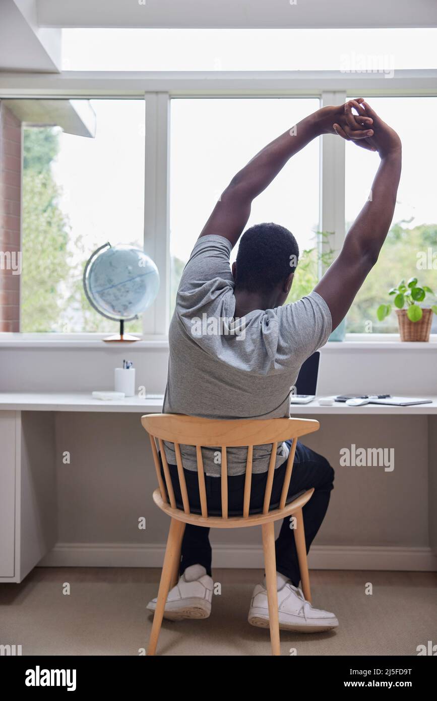 Vue arrière de l'homme travaillant à domicile sur l'ordinateur dans Bureau à domicile s'étirant au bureau Banque D'Images