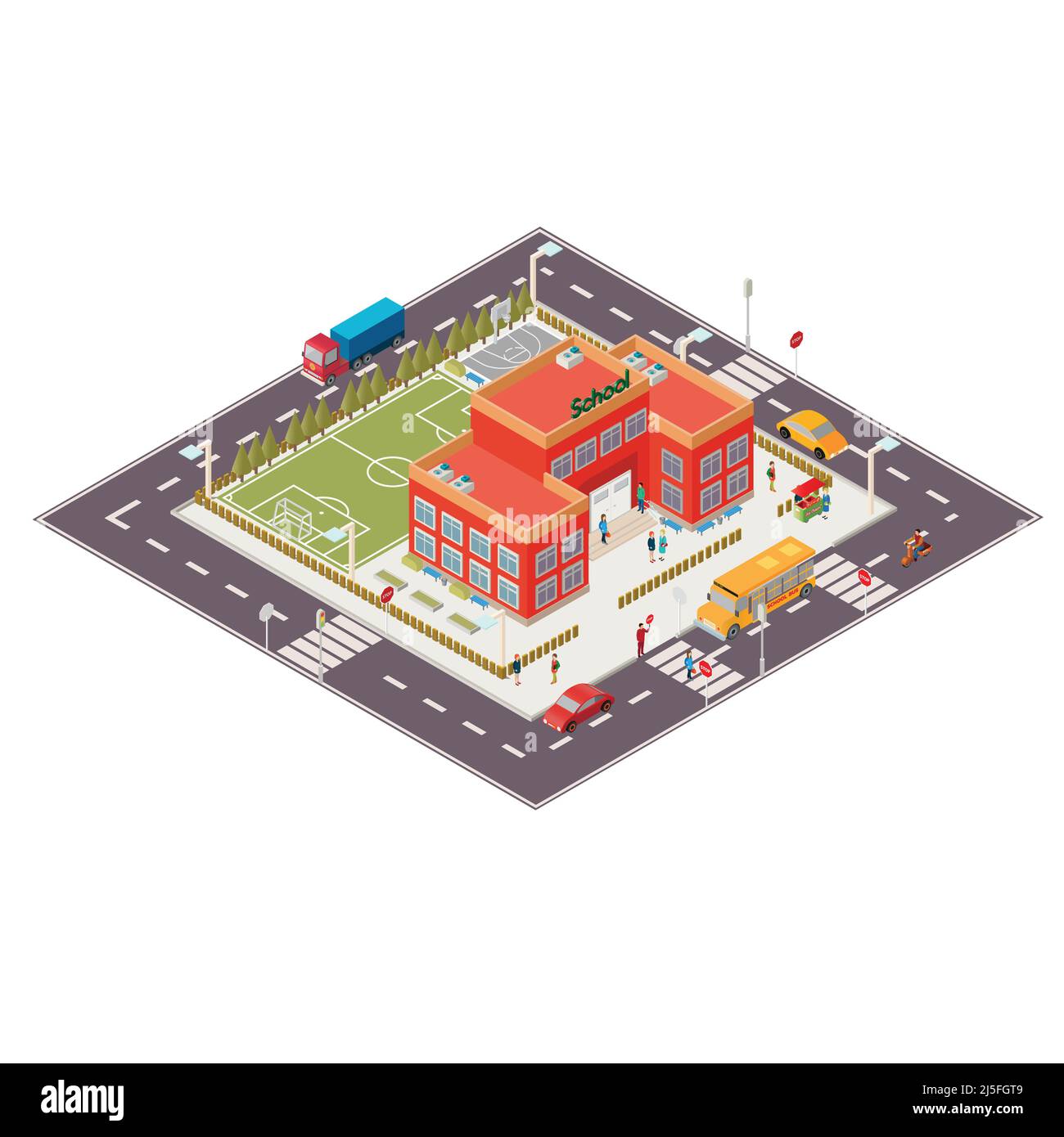 Illustration isométrique vectorielle d'un bâtiment scolaire avec cour avant et arrière, terrain de football et de basket-ball, route avec voitures Illustration de Vecteur