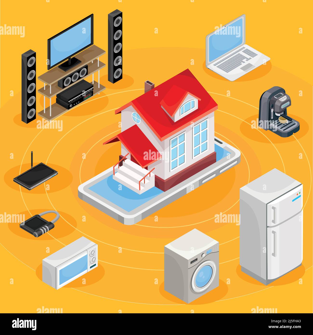 Vecteur illustration isométrique d'un schéma abstrait de la maison intelligente, contrôle par le biais de l'équipement de travail à domicile sur Internet. Le concept de confort et sa Illustration de Vecteur