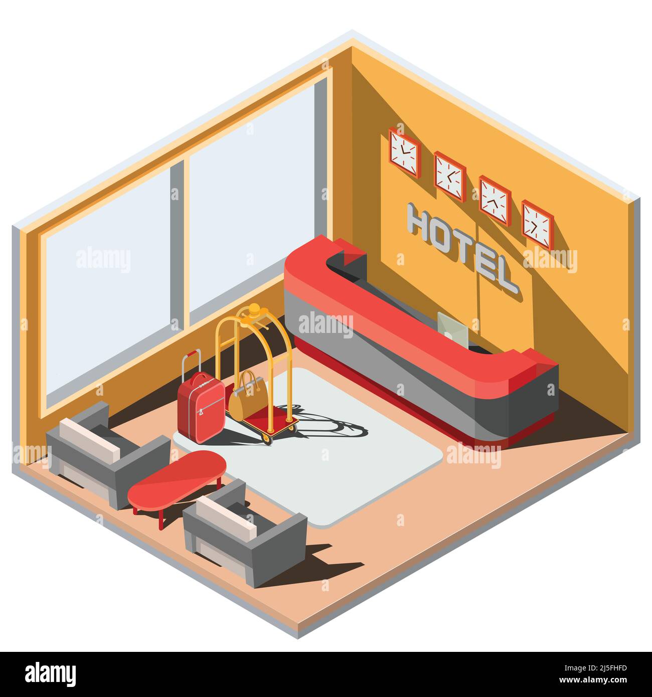 Illustration isométrique Vector 3D de l'intérieur du hall de l'hôtel. L'intérieur de la chambre d'hôtel comprend une réception, des valises, des fauteuils et une table basse Illustration de Vecteur