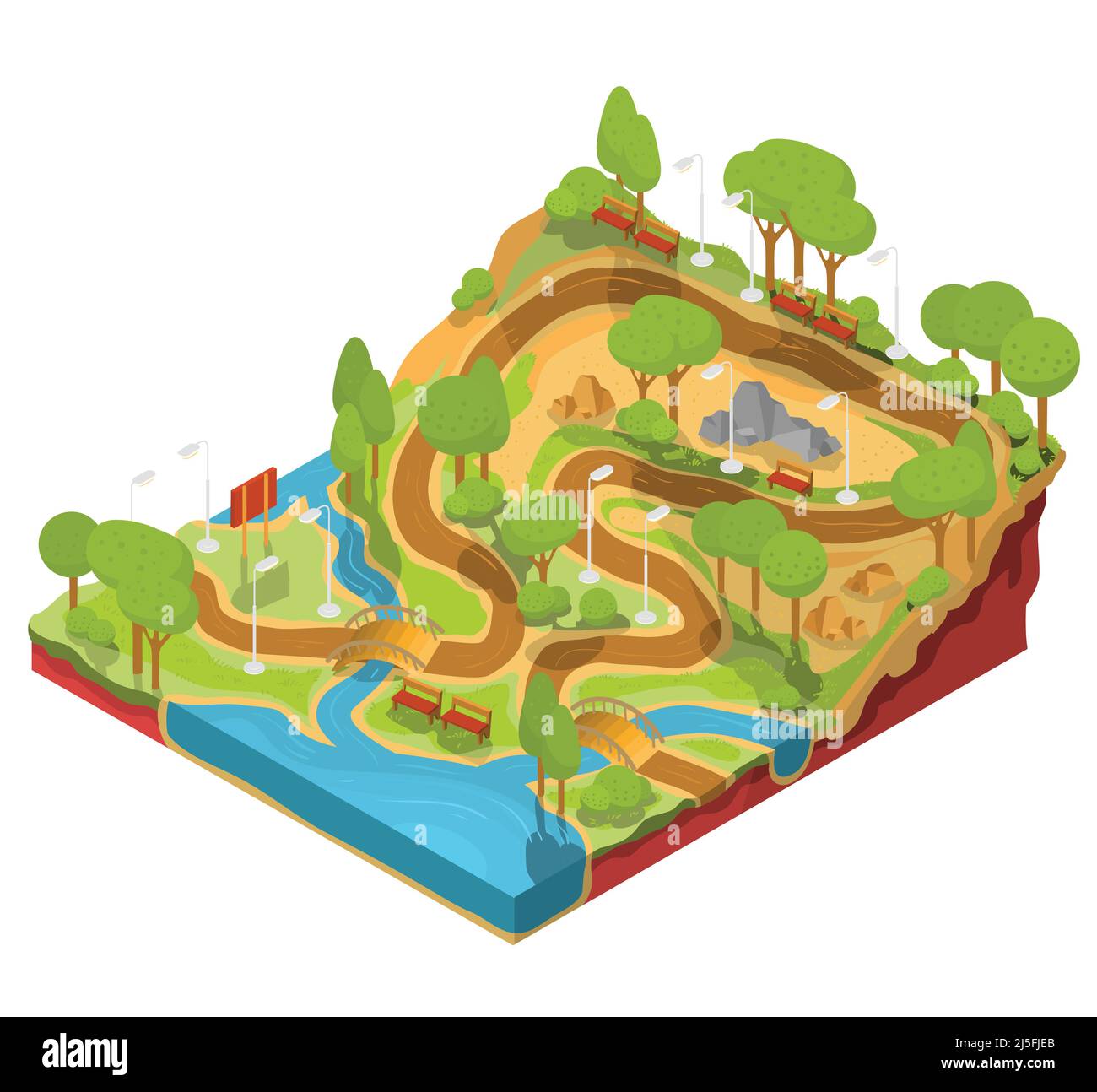 Vector 3D illustration isométrique de la coupe transversale d'un parc paysager avec une rivière qui coule là, des ponts, des bancs et des lanternes. Sol dans la section f Illustration de Vecteur