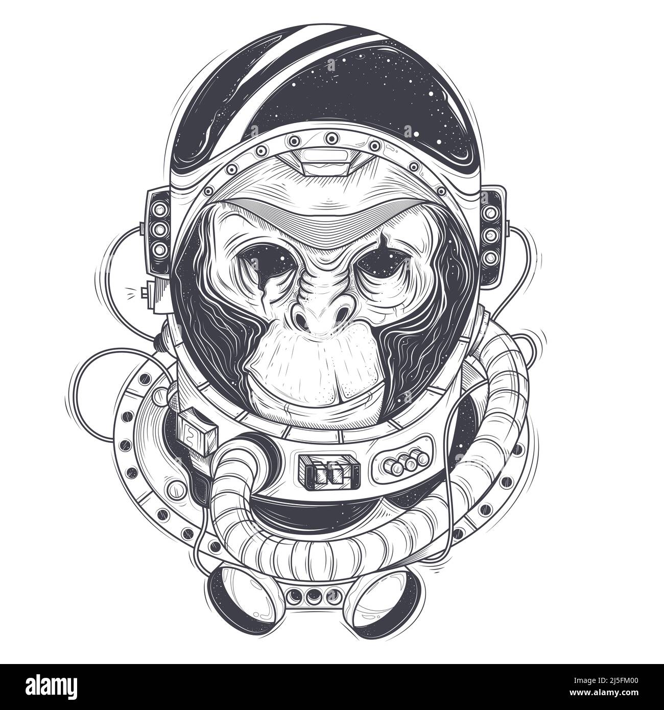 Illustration vectorielle dessinée à la main d'un astronaute de singe, chimpanzé dans un costume d'espace dans le style de la gravure. Imprimer pour les tee-shirts, le modèle, le tatouage d'esquisse Illustration de Vecteur
