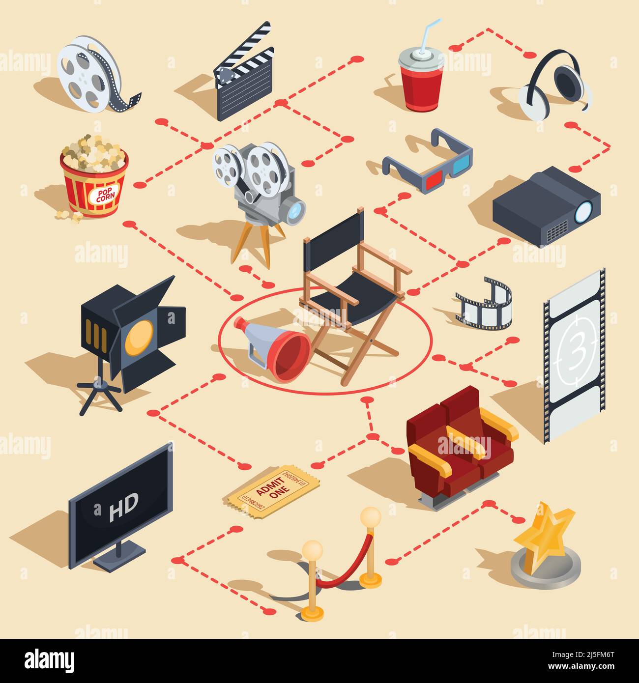 Ensemble vectoriel d'illustrations isométriques permettant de réaliser des films et de regarder un film au cinéma. Éléments de conception Illustration de Vecteur