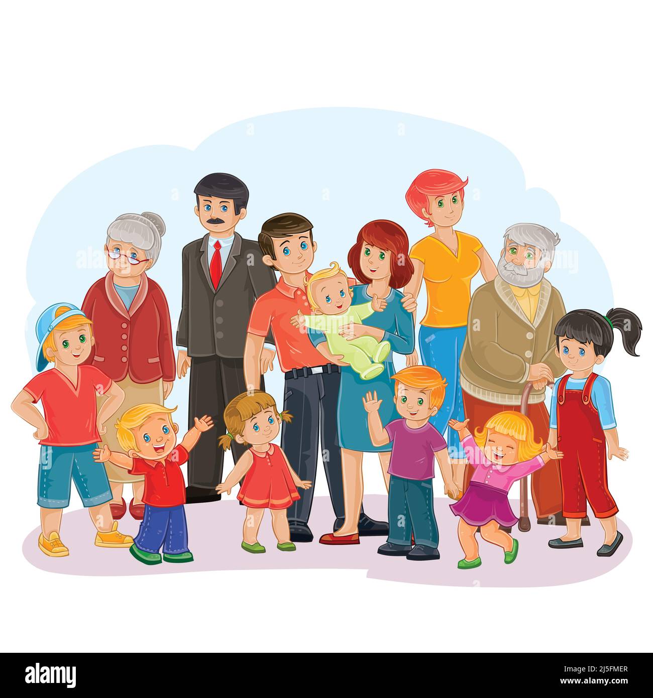 Illustration vectorielle d'une grande famille heureuse de treize personnes - grand-père, grand-mère, grand-père, grand-mère, grand-mère, père, maman, filles et Illustration de Vecteur