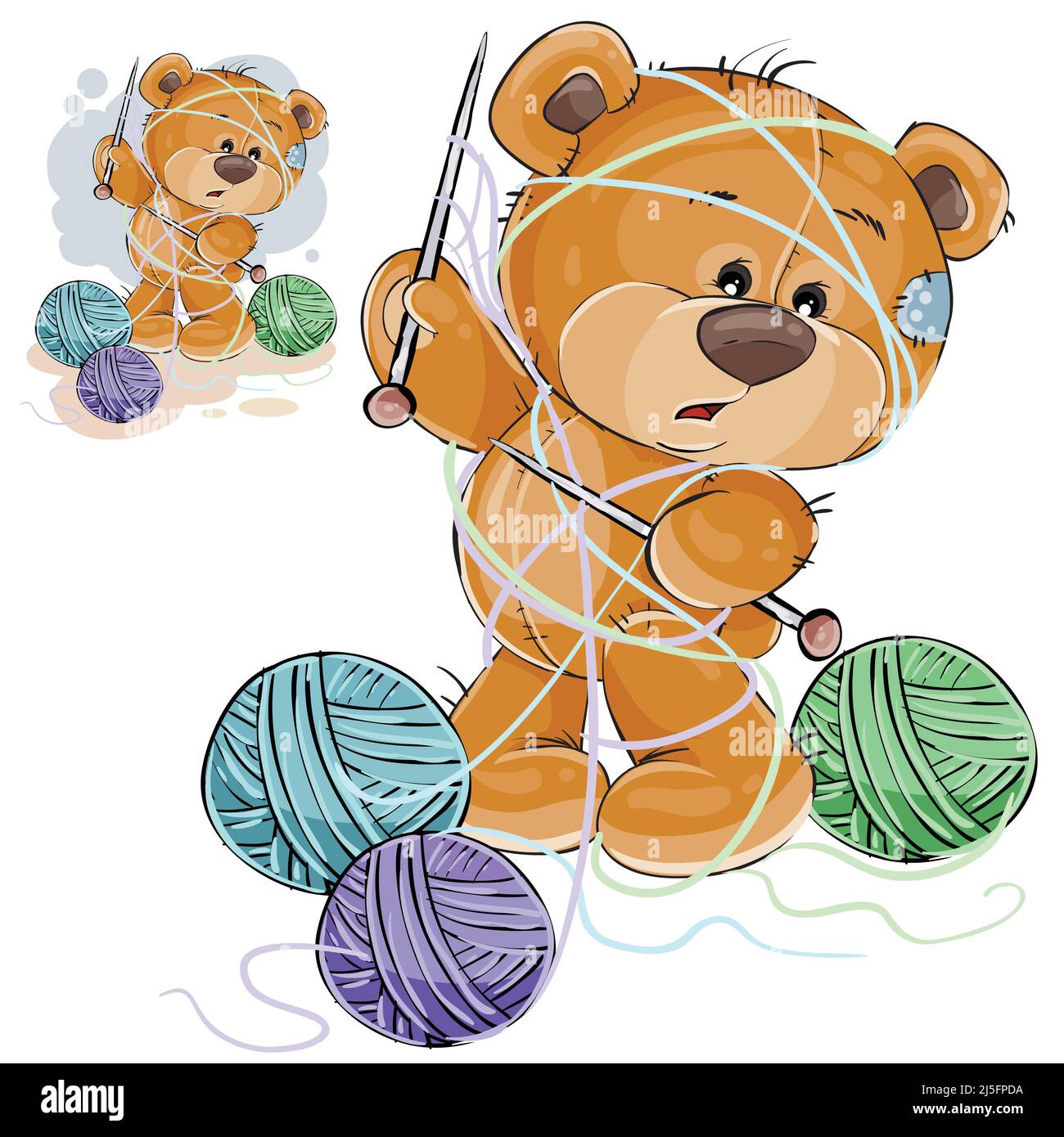 Illustration vectorielle d'un ours en peluche brun tenant une aiguille tricotage dans sa patte et emmêlée dans des fils, artisanat. Imprimer, modèle, élément de conception Illustration de Vecteur