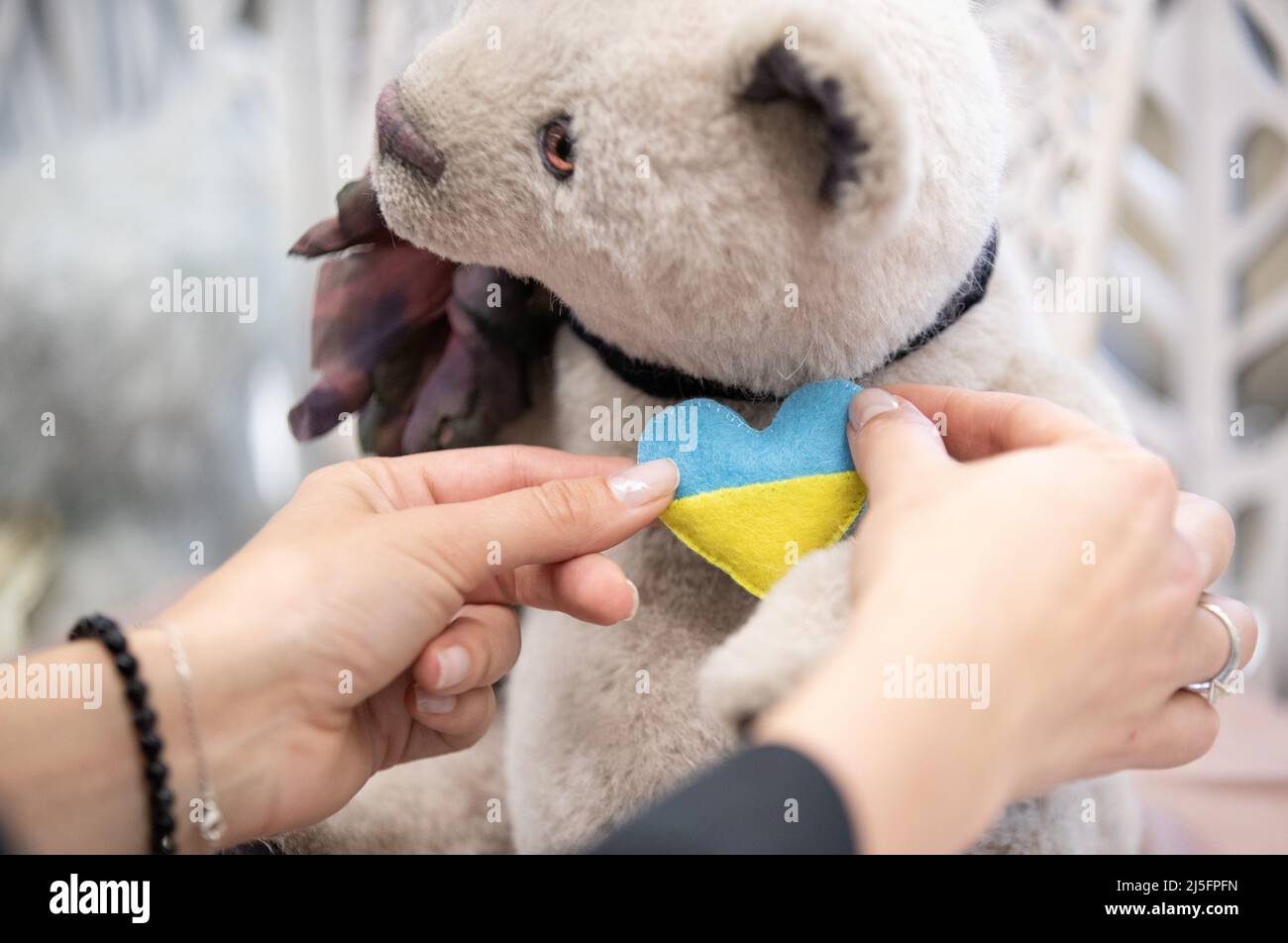 Munster, Allemagne. 23rd avril 2022. 23 avril 2022, Rhénanie-du-Nord-Westphalie, Münster: Un ours en peluche est décoré avec un coeur dans les couleurs du pays au stand des fournisseurs de l'Ukraine à la foire 'Teddy Bear total'. Depuis 1995, collectionneurs internationaux, passionnés, artistes, fabricants, les concessionnaires, les fournisseurs et les fans se rencontrent. À cause de Corona, la foire de la salle Münsterland a été annulée en dernier. Photo: Friso Gentsch/dpa Credit: dpa Picture Alliance/Alay Live News Banque D'Images