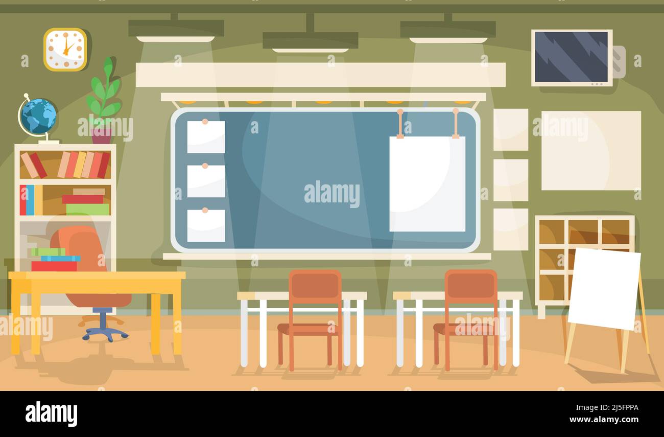 Illustration vectorielle plate d'une salle de classe vide dans une école, une université, un collège, un institut avec un tableau noir, des bureaux, des chaises, des étagères et une interdiction vide Illustration de Vecteur