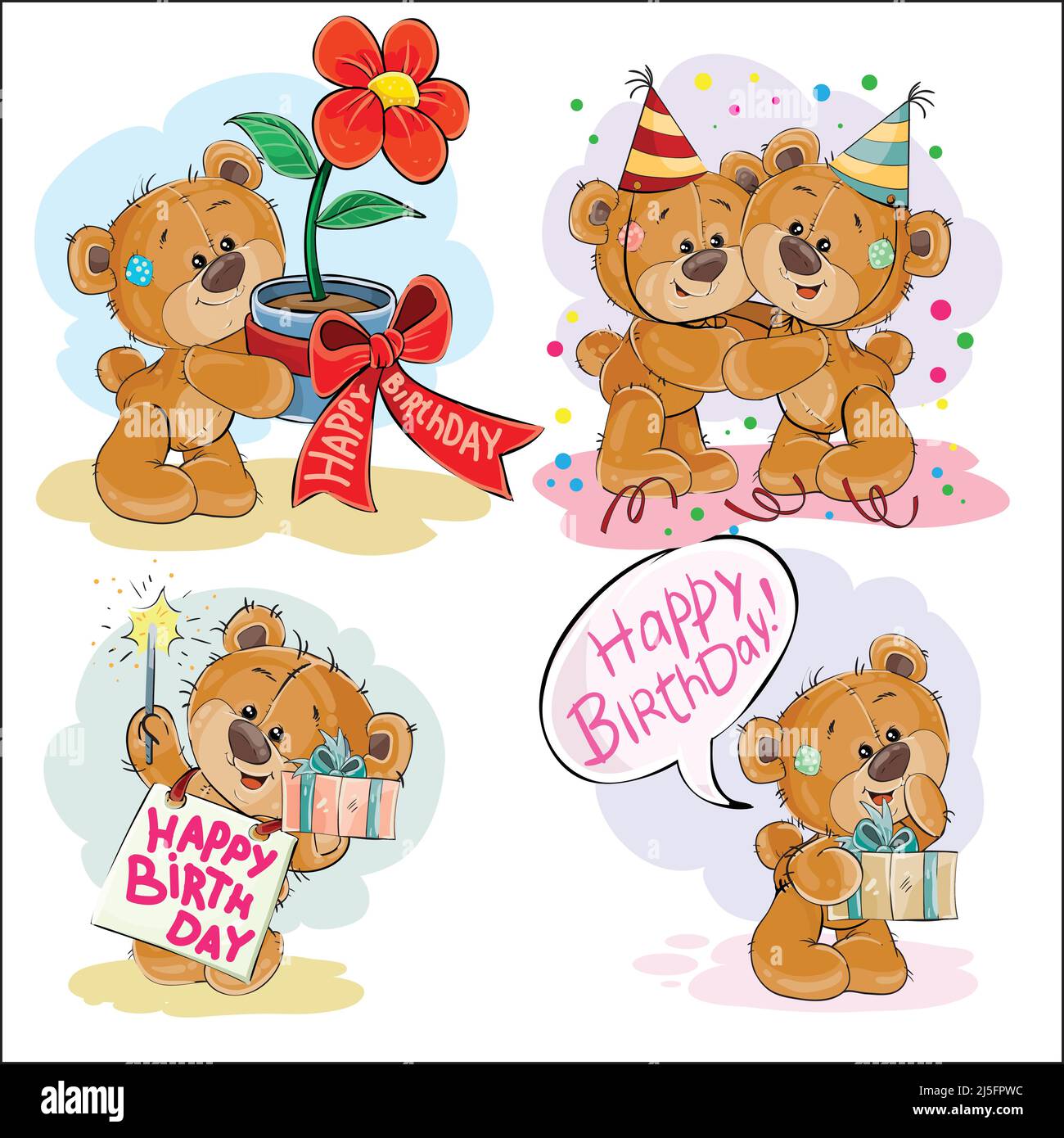 Ensemble de vecteur clip art illustrations de l'ours en peluche brun vous souhaite un Joyeux anniversaire. Imprimer, modèle, élément de conception pour les cartes de vœux Illustration de Vecteur