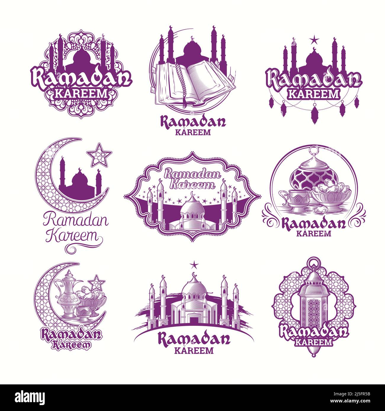 Ensemble de vecteurs violet illustrations, signe pour Ramadan Kareem avec lanterne, tours de mosquée, croissant avec motif arabe isolé sur blanc Illustration de Vecteur