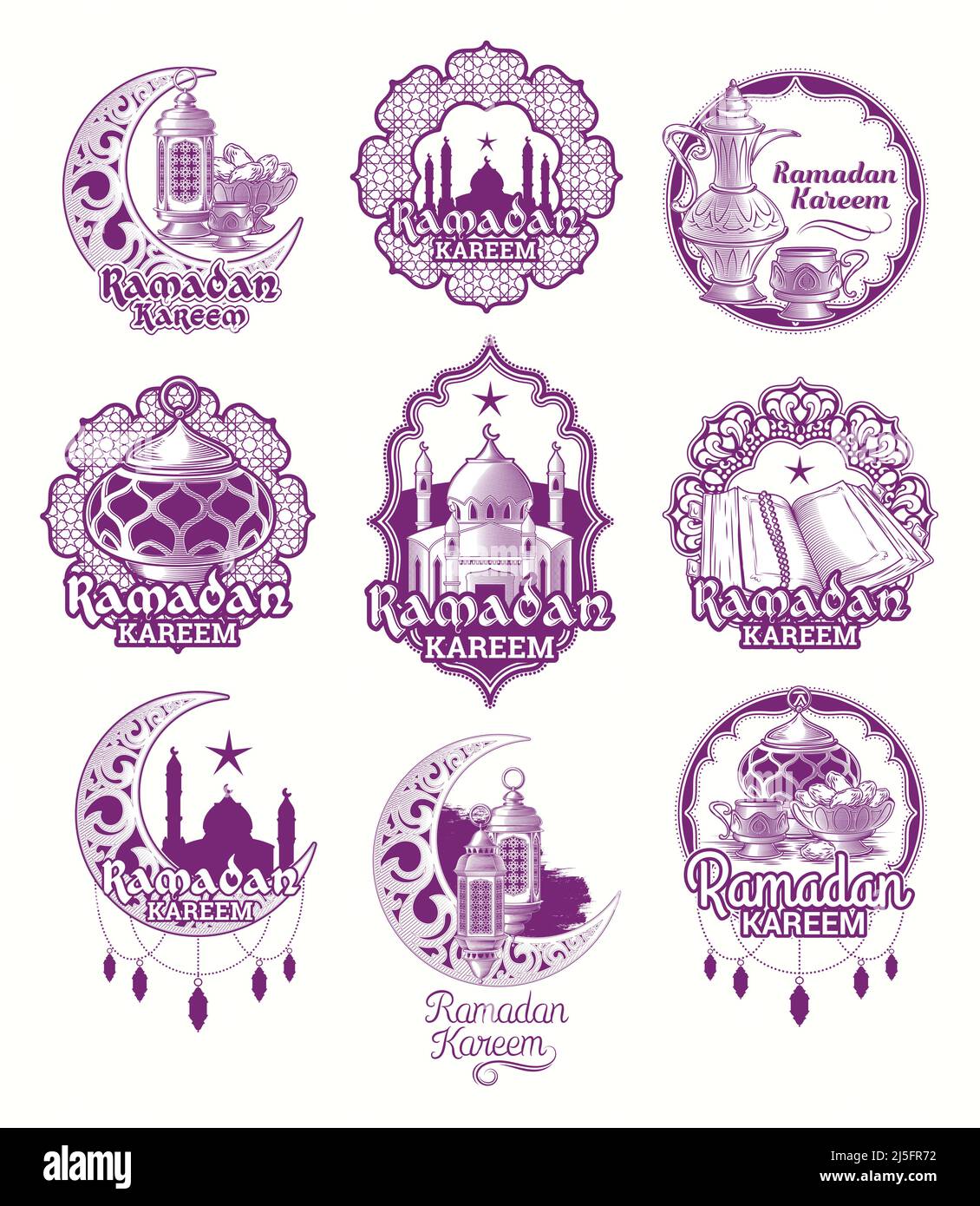 Ensemble de vecteurs violet illustrations, signe pour Ramadan Kareem avec lanterne, tours de mosquée, croissant avec motif arabe isolé sur blanc Illustration de Vecteur