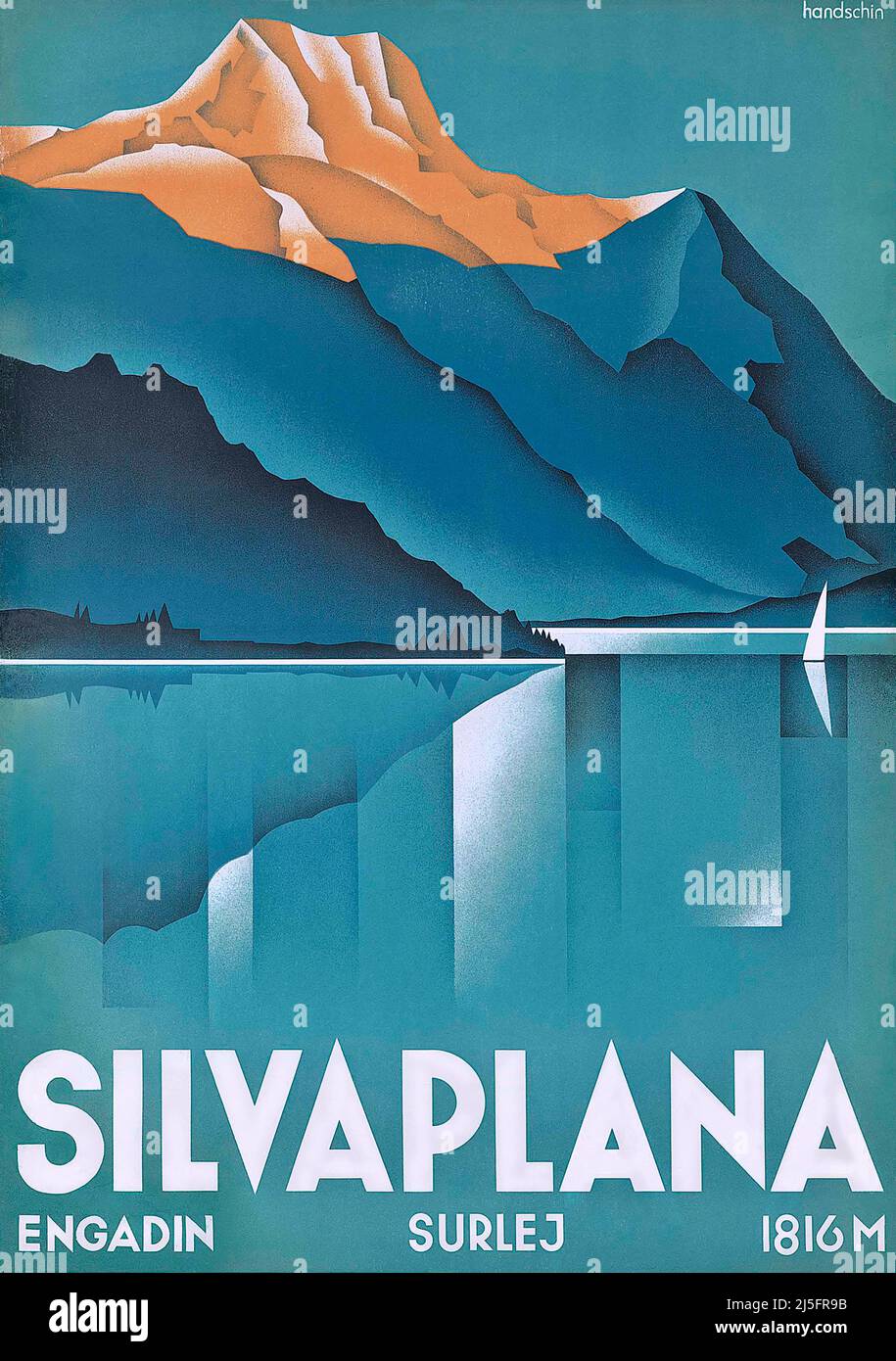 Vintage 1930s Art Deco Travel Poster - Silvaplana , Suisse .1934, par Johannes Handschin Banque D'Images