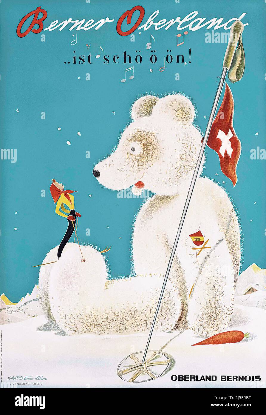 Affiche sport d'hiver vintage – style rétro, ski: Franco Barberis (Suisse, 1905–1992) Berner Oberland (affiche) '...ist schöööön!' Un ours polaire suisse. Banque D'Images