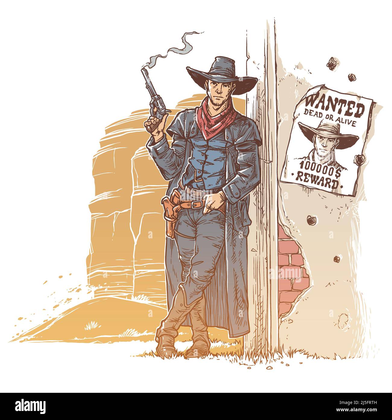 Illustration vectorielle d'un voleur avec une arme à fumer debout à côté de l'annonce de sa liste de sélection Illustration de Vecteur