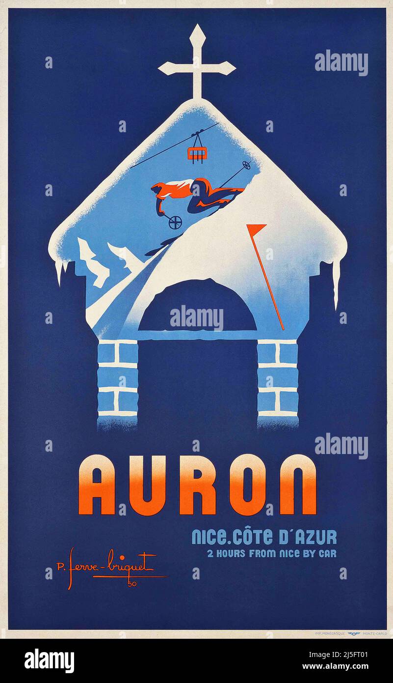 Affiche de ski française vintage - Auron Banque D'Images