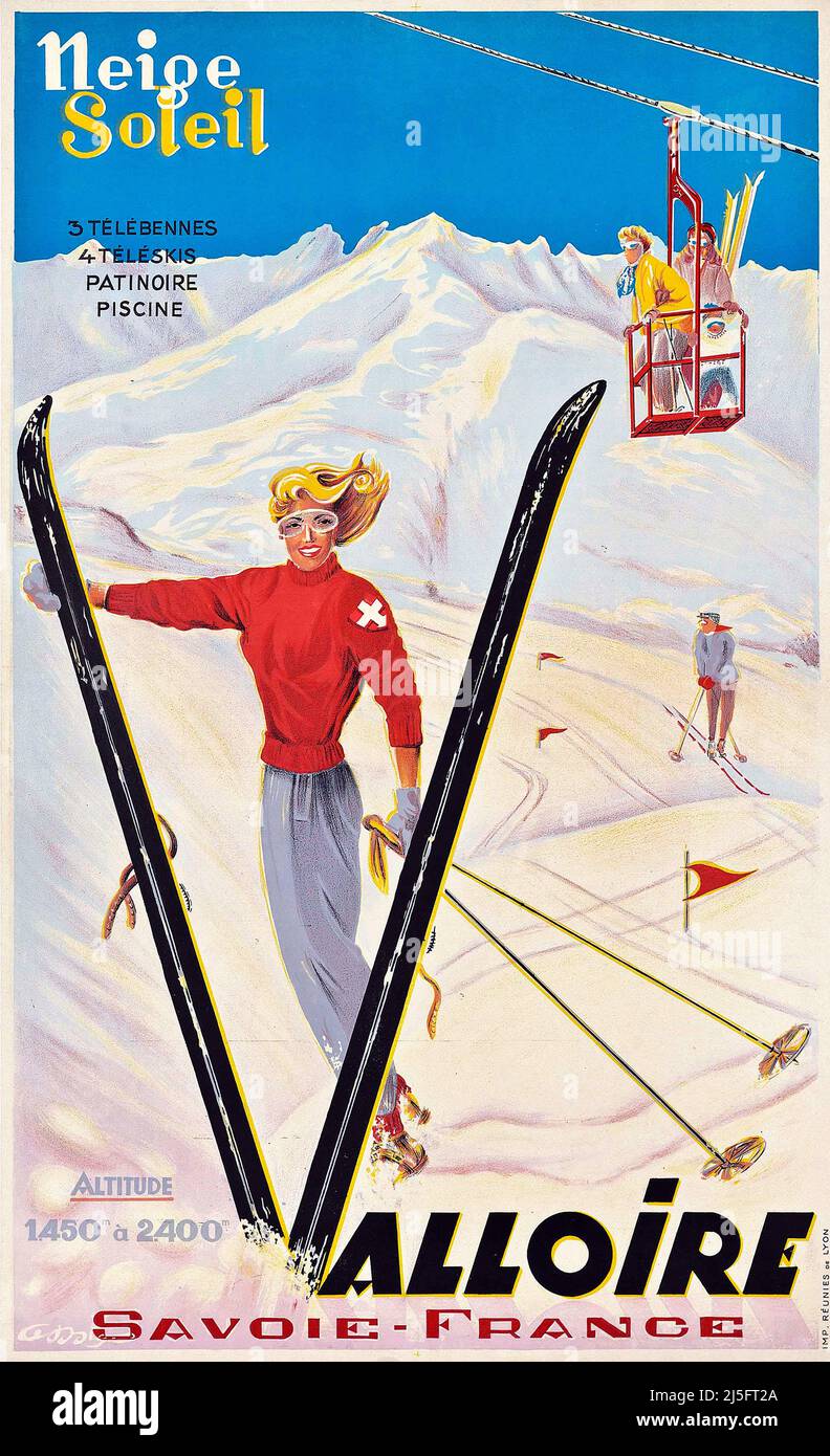 Vintage 1940s ski Poster - VALLOIRE, Savoie France, neige Soleil - artiste anonyme, 1946 Banque D'Images