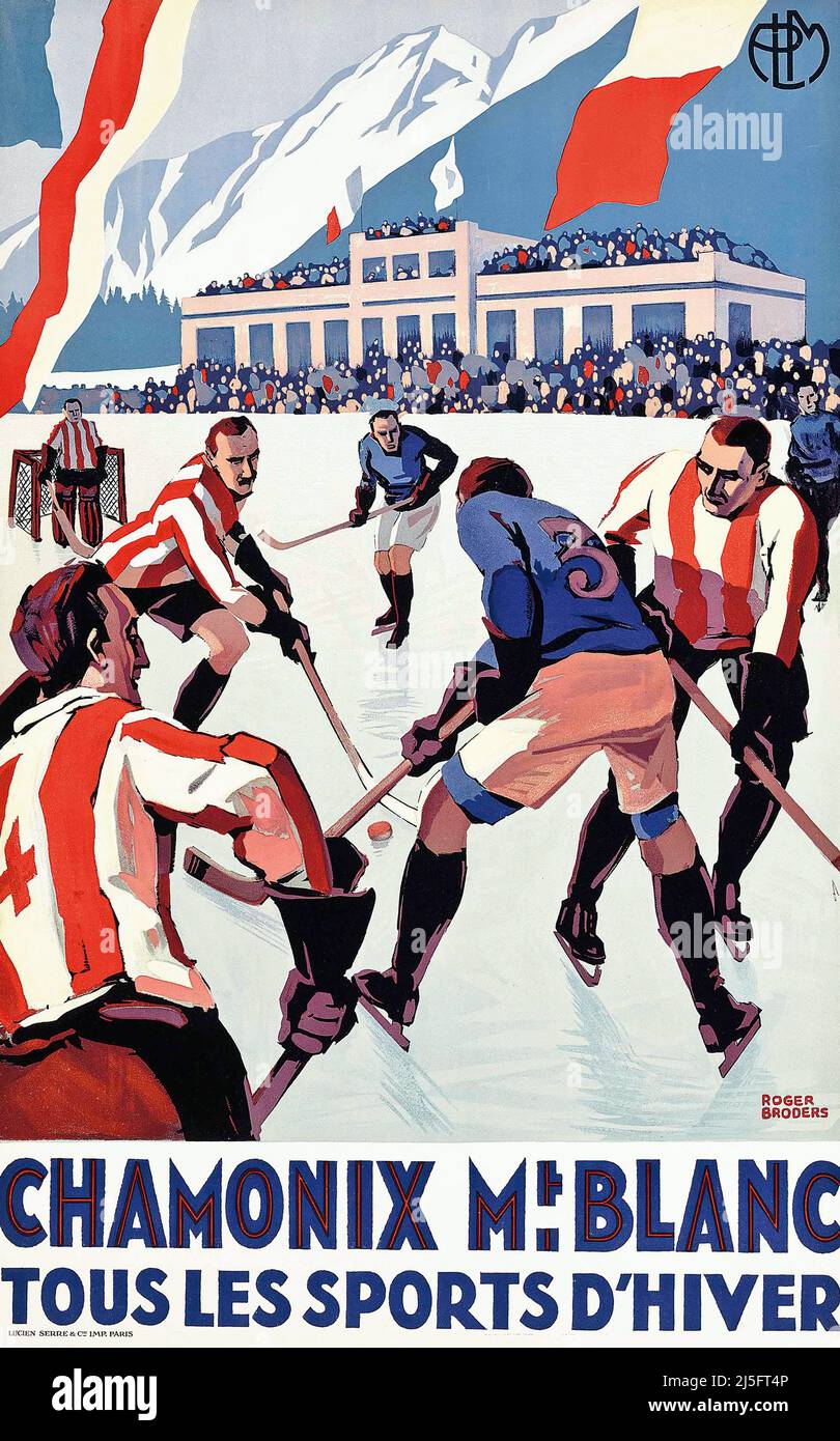 Affiche de voyage en français vintage - Chaamonix Mont blanc , jeu de hockey sur glace Banque D'Images