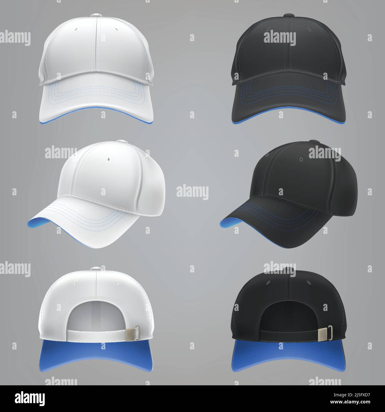 Illustration vectorielle réaliste d'une casquette de baseball blanche et noire avec visière bleue, vue avant, arrière et latérale, isolée sur blanc. Impression, modèle Illustration de Vecteur