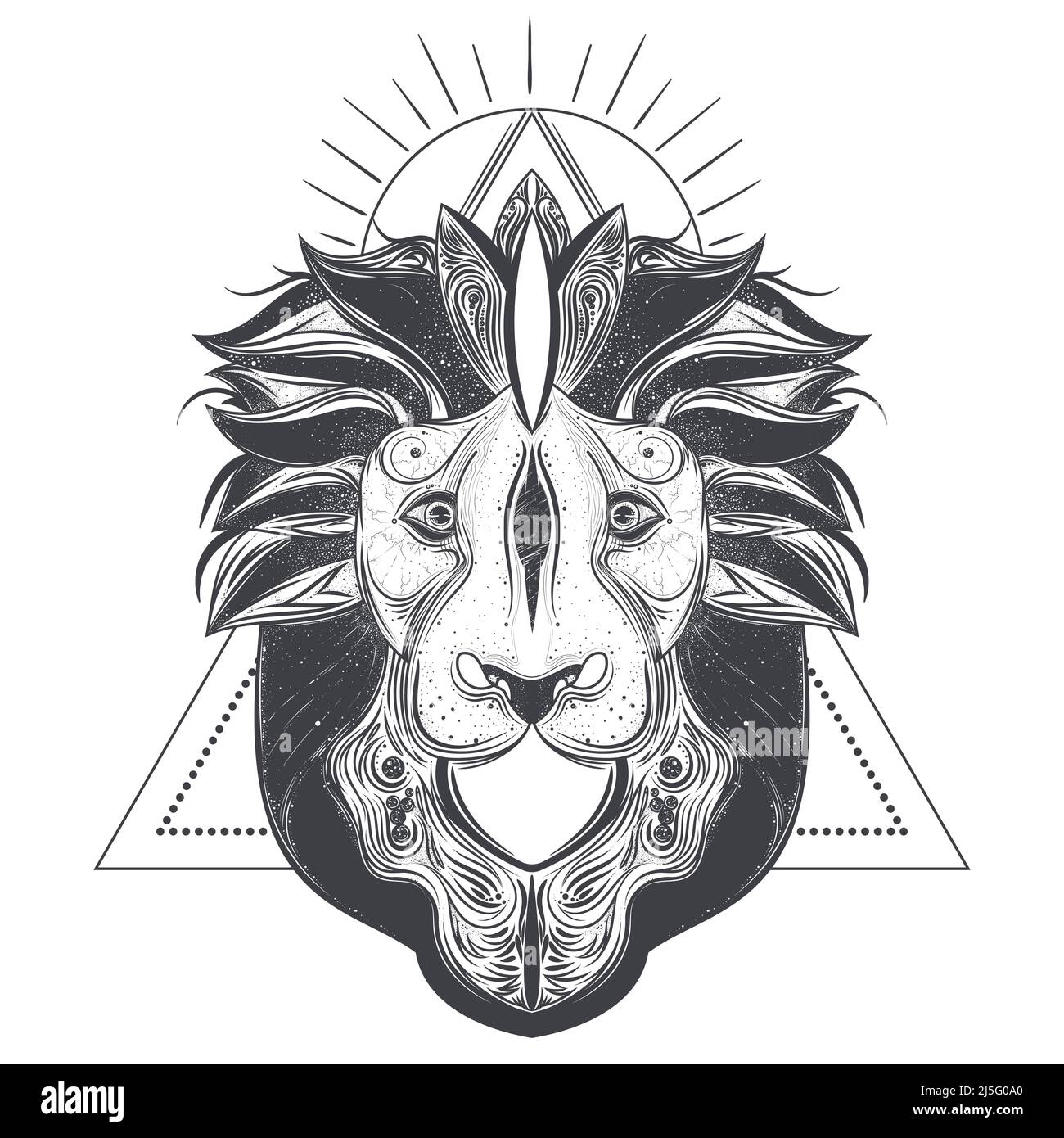 Illustration vectorielle de la ligne de tête du lion isolée sur fond blanc. Animal totem avec ornements géométriques abstraits Illustration de Vecteur