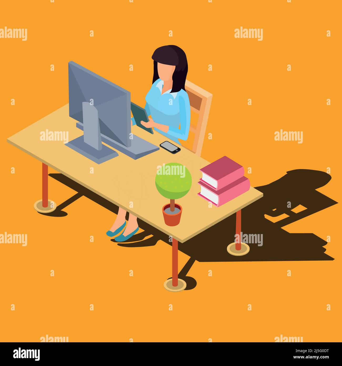 Femme assise au bureau, dactylographiant sur le clavier, travaillant sur l'illustration vectorielle isométrique de l'ordinateur. Utilisateur de pc féminin, poste de travail à domicile, travail ou étude à distance Illustration de Vecteur