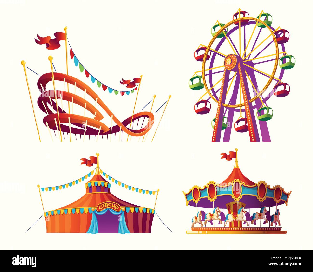 Ensemble d'illustrations vectorielles pour un parc d'attractions - carrousel, tente, montagnes russes Illustration de Vecteur