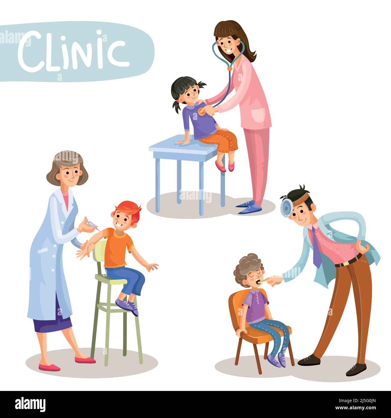 Ensemble de médecins pédiatres en activité prenant des patients, à l'écoute du stéthoscope, à la vérification de la gorge, à l'injection de vaccins dans le dessin animé clinique pour enfants v Illustration de Vecteur