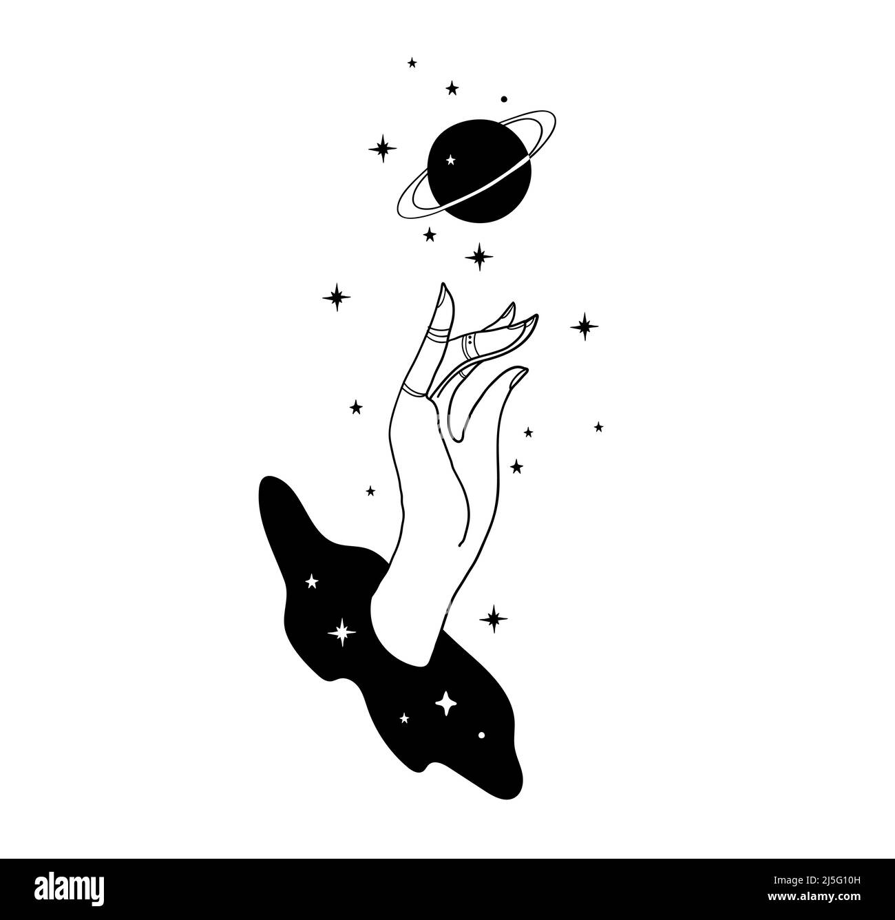 Le tatouage de boho mystique, la main femelle et la planète Saturne. Art mystique de l'astrologie, tarot, sorcellerie, illustration magique sur fond blanc. ABS Illustration de Vecteur