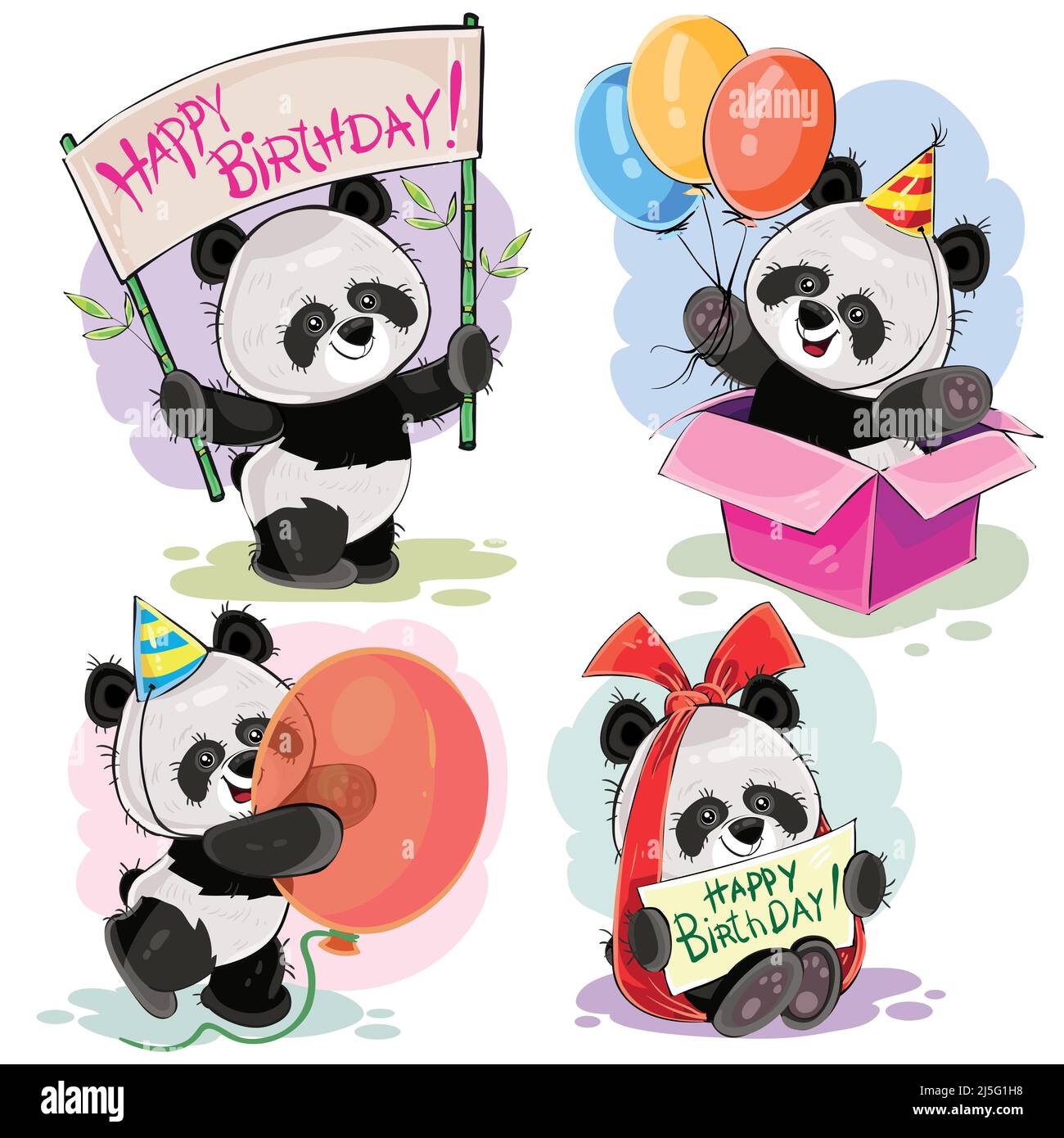 Ensemble de jolis petits ours panda avec banderole d'anniversaire heureuse, avec noeud et carte de voeux, avec surprise dans boîte cadeau et ballons vecteur dessin animé rapport Illustration de Vecteur
