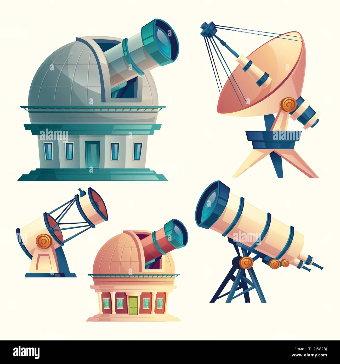 Ensemble de dessins animés vectoriels avec télescopes astronomiques, observatoires, planétarium, parabole satellite. Équipements scientifiques et dispositifs optiques avec lentilles pour Illustration de Vecteur