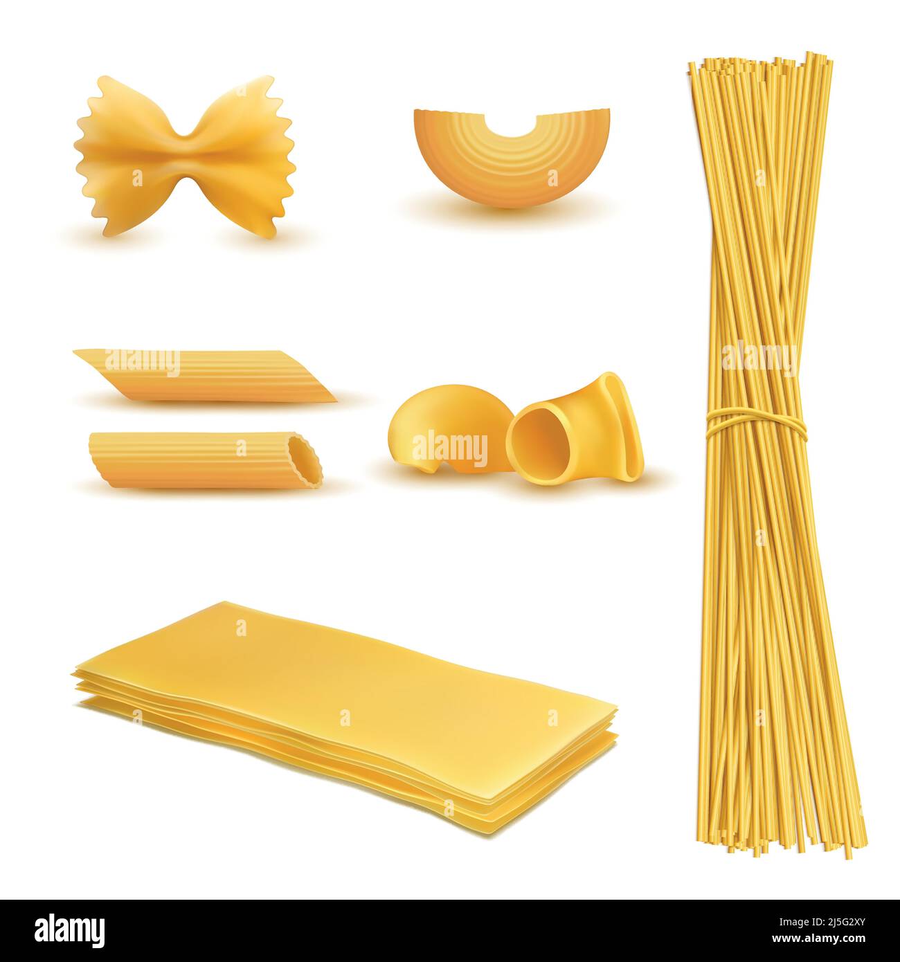 Vector 3D ensemble réaliste de macaroni sec de formes diverses, pâtes, lasagnes, farfalle, spaghetti, rigatoni, penne isolée sur fond. Informatique traditionnelle Illustration de Vecteur