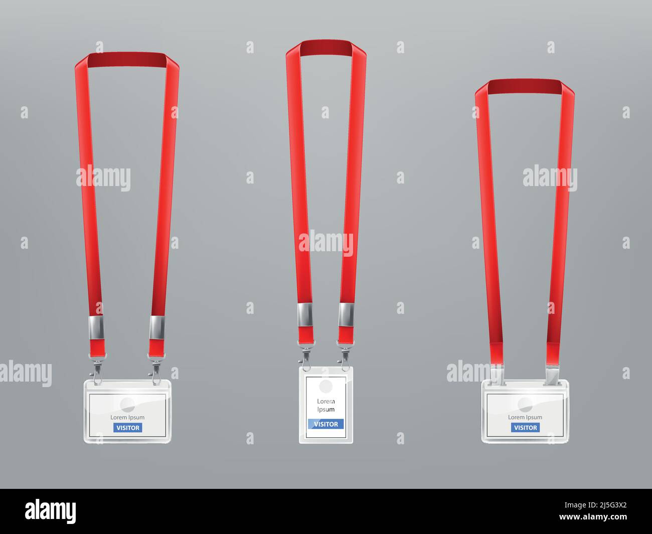 Ensemble vectoriel avec trois badges en plastique réalistes, supports avec clips en métal et cordons rouges, cartes d'identité pour les visiteurs de présentation ou de conférence, presse, moi Illustration de Vecteur