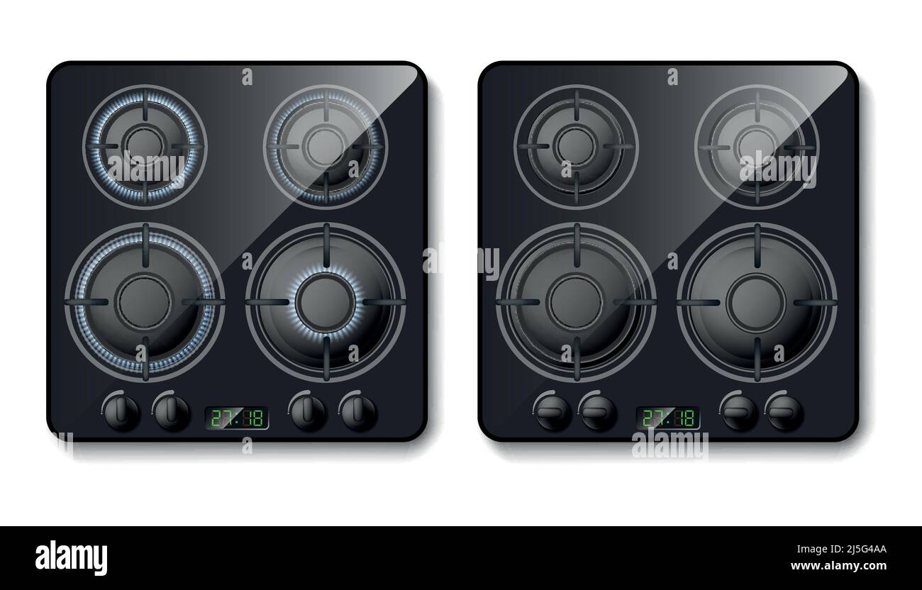 Vector 3D poêle à gaz réaliste. Plaque de cuisson noire avec brûleurs à flamme, plaques de cuisson au feu. Appareil domestique intelligent, technologie moderne. Allumé ou o Illustration de Vecteur