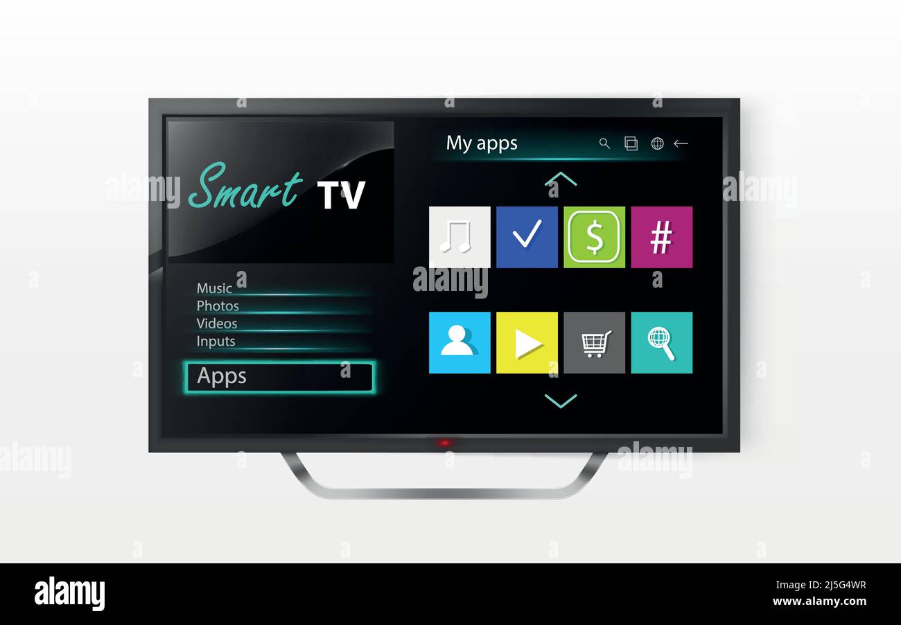 Menu de réglage Vector Smart tv sur l'écran lcd. Maquette de télévision plasma avec programme, système vidéo moderne. Technologie numérique HD. Afficher en 3D réalistes Illustration de Vecteur