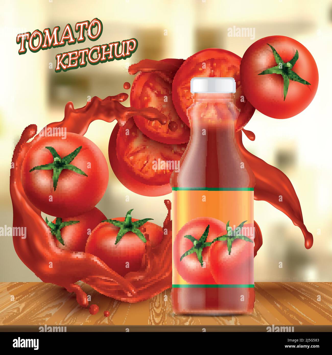 Bannière de promotion Vector avec bouteille de ketchup en verre réaliste, avec des touches de sauce rouge, avec des tomates et des tranches sur le fond. Bocal avec pâte ou Illustration de Vecteur Bannière de promotion Vector avec bouteille de ketchup en verre réaliste, avec des touches de sauce rouge, avec des tomates et des tranches sur le fond. Bocal avec pâte ou Illustration de Vecteur