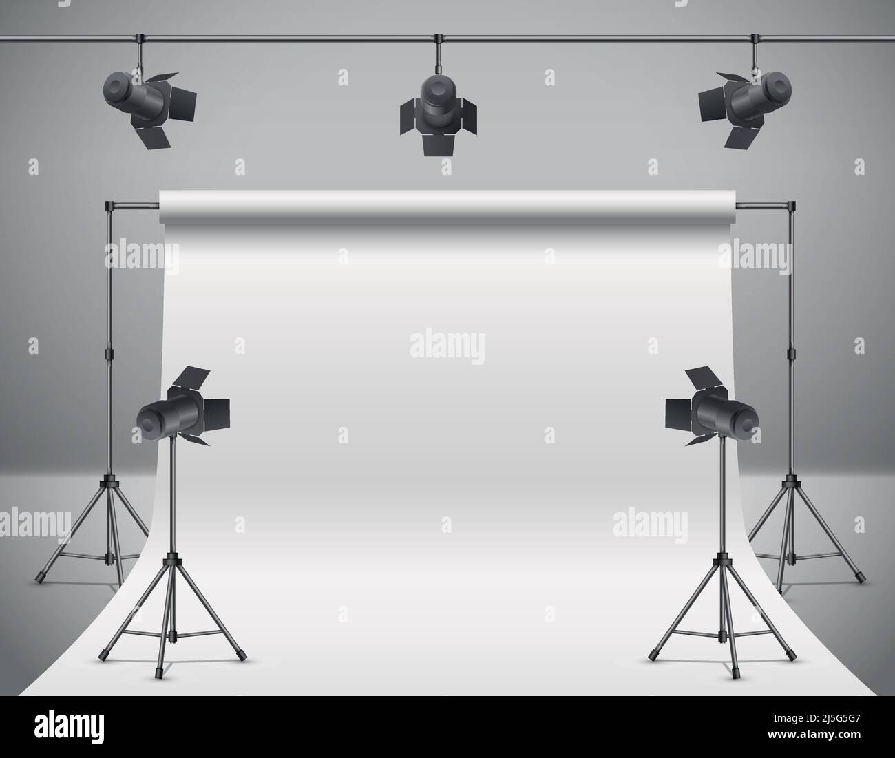 Vector 3D photo réaliste, studio vidéo avec spots, fond blanc. Maquette d'équipement, de supports et d'éclairage professionnels Illustration de Vecteur